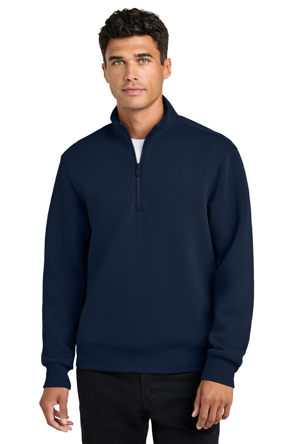 Mercer+Mettle MM3100 Mens Soft Spacer 1/4 Zip Sweatshirt Night Navy Blue Model Front