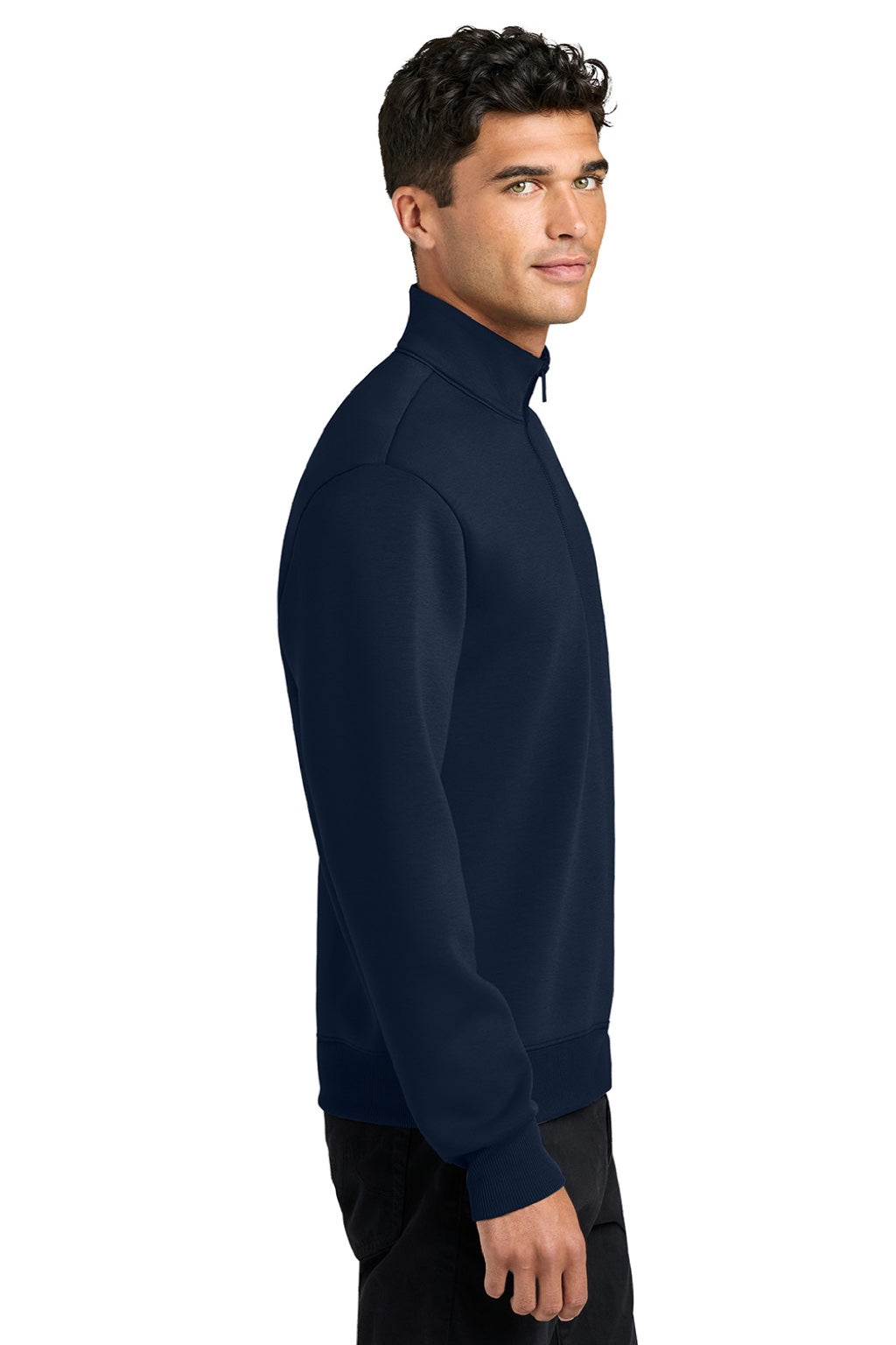 Mercer+Mettle MM3100 Mens Soft Spacer 1/4 Zip Sweatshirt Night Navy Blue Model Side