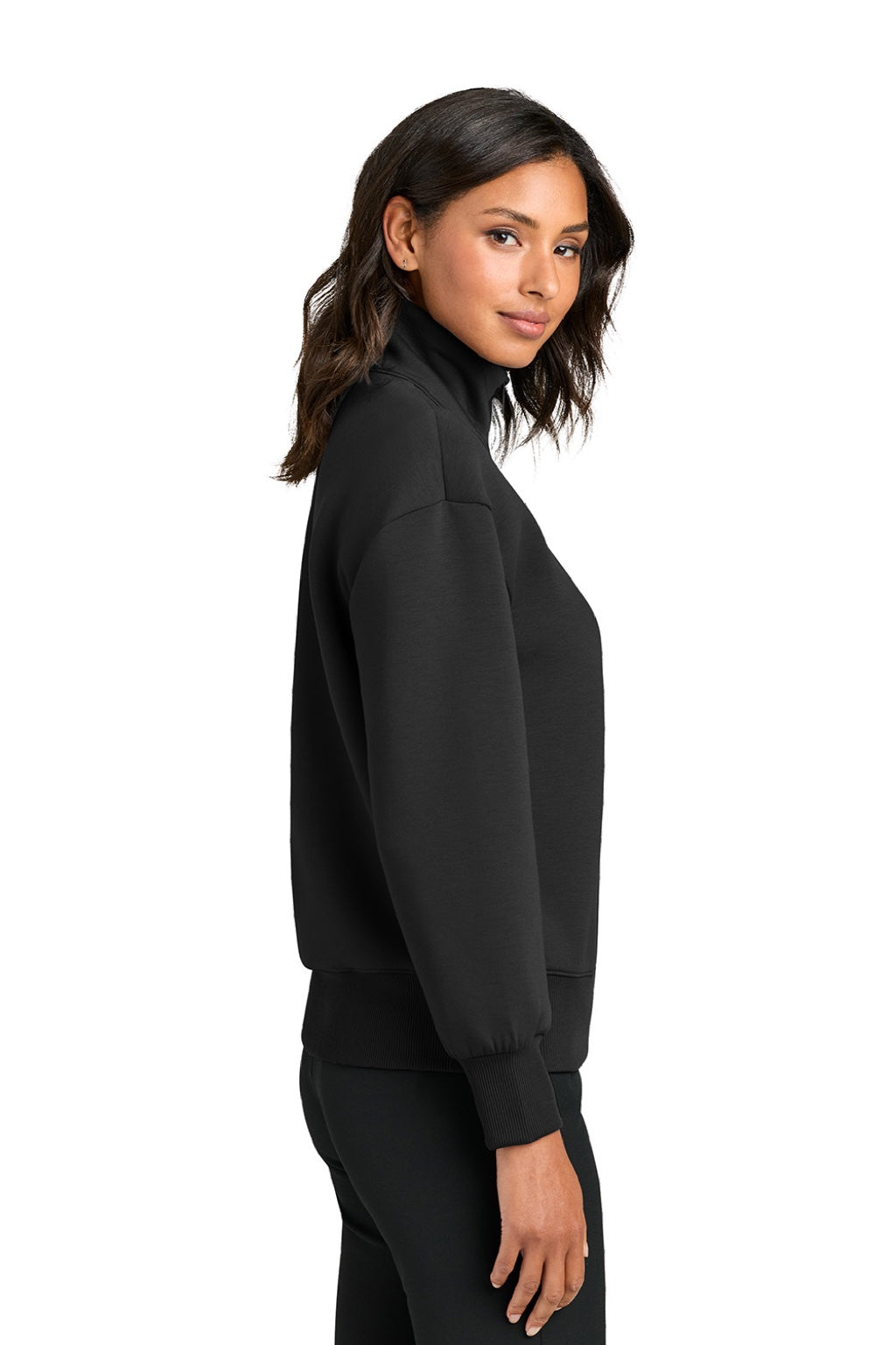 Mercer+Mettle MM3101 Womens Soft Spacer 1/4 Zip Sweatshirt Deep Black Model Side