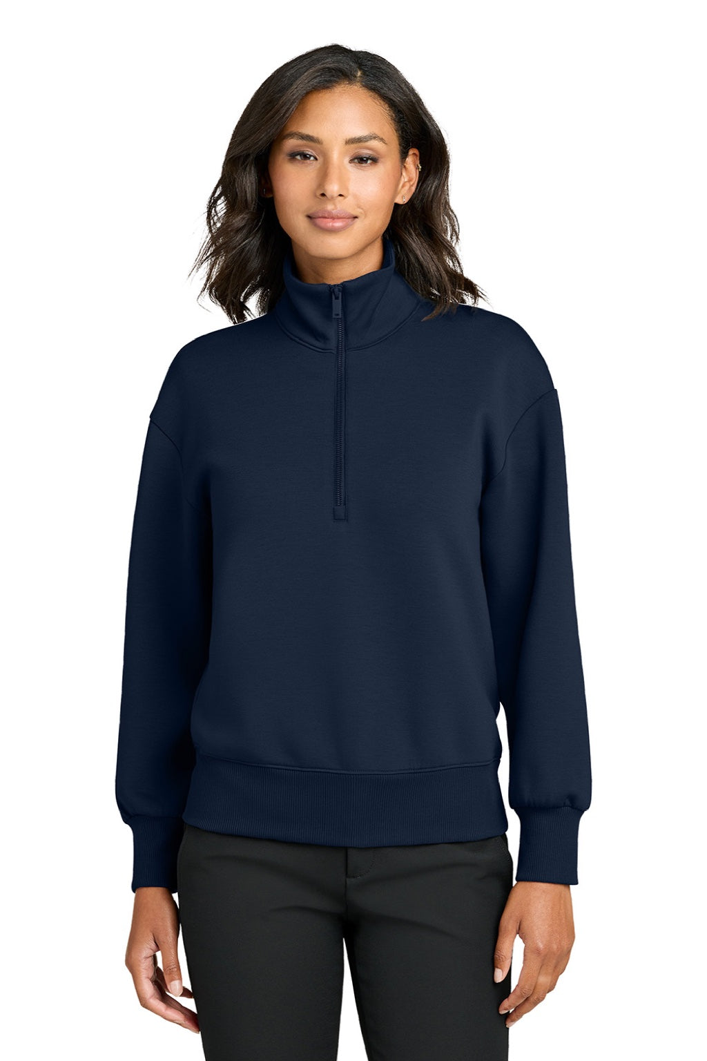 Mercer+Mettle MM3101 Womens Soft Spacer 1/4 Zip Sweatshirt Night Navy Blue Model Front