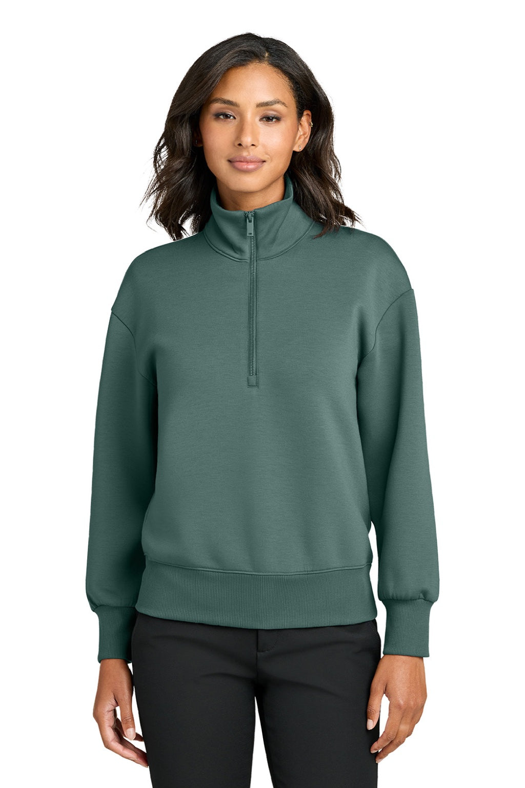 Mercer+Mettle MM3101 Womens Soft Spacer 1/4 Zip Sweatshirt Silver Pine Green Model Front