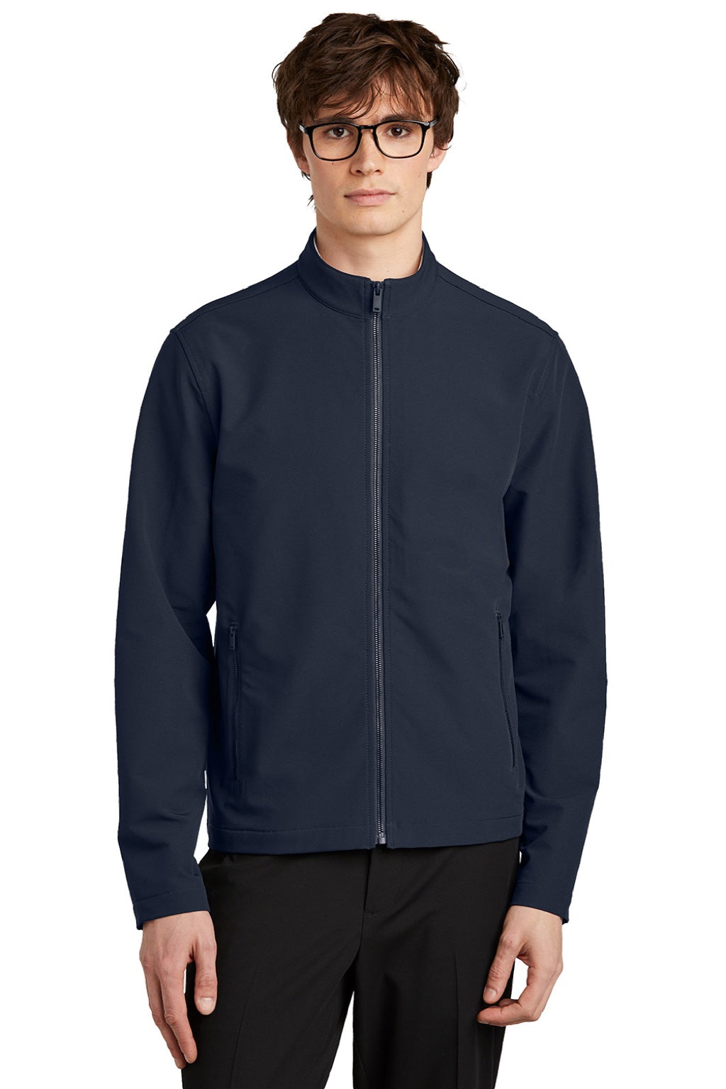 Mercer+Mettle MM7102 Mens Water Resistant Soft Shell Full Zip Jacket Night Navy Blue Model Front