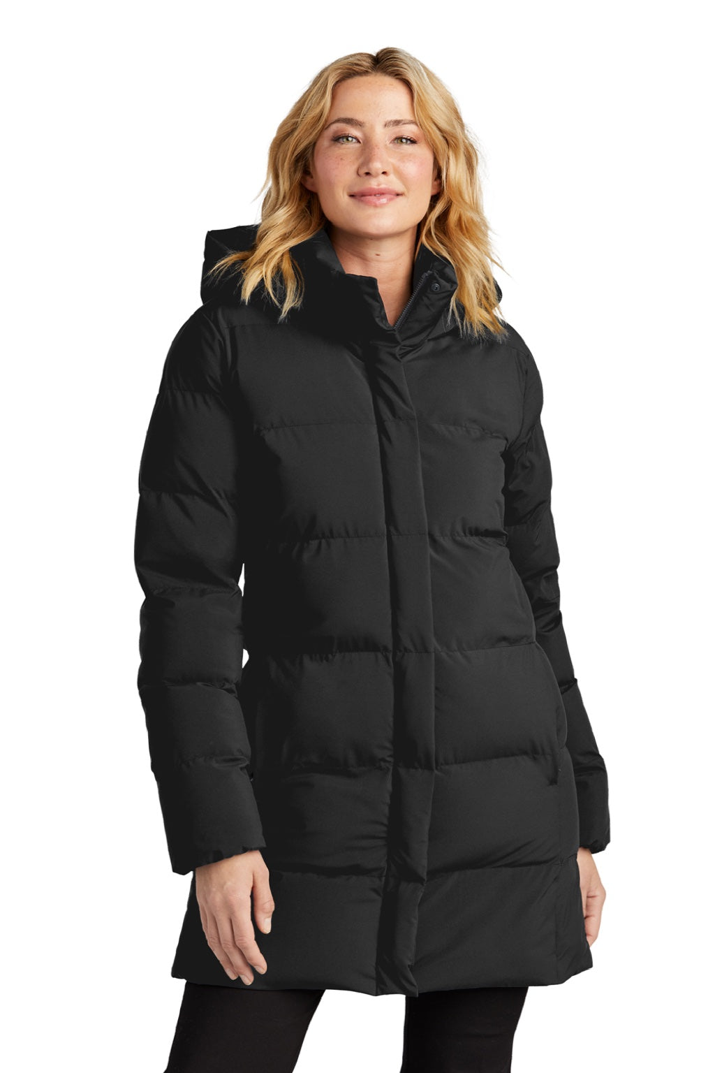 Mercer+Mettle MM7213 Womens Water Resistant Full Zip Hooded Puffy Parka Deep Black Model Front