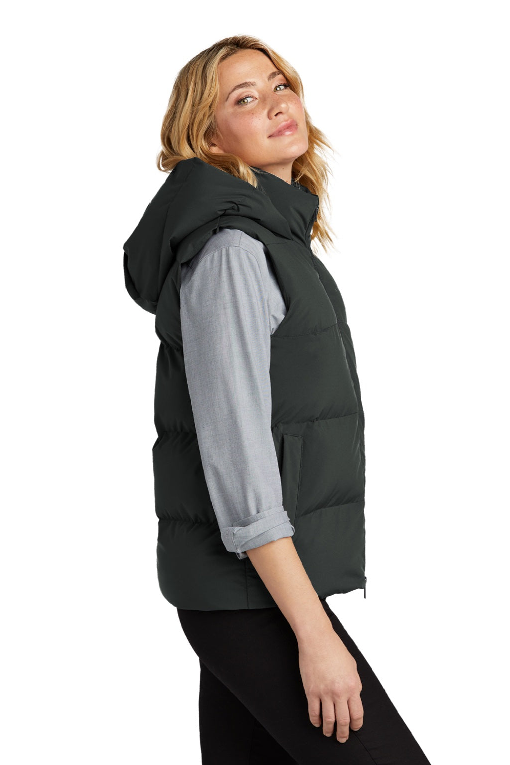 Mercer+Mettle MM7217 Womens Water Resistant Full Zip Hooded Puffy Vest Anchor Grey Model Side