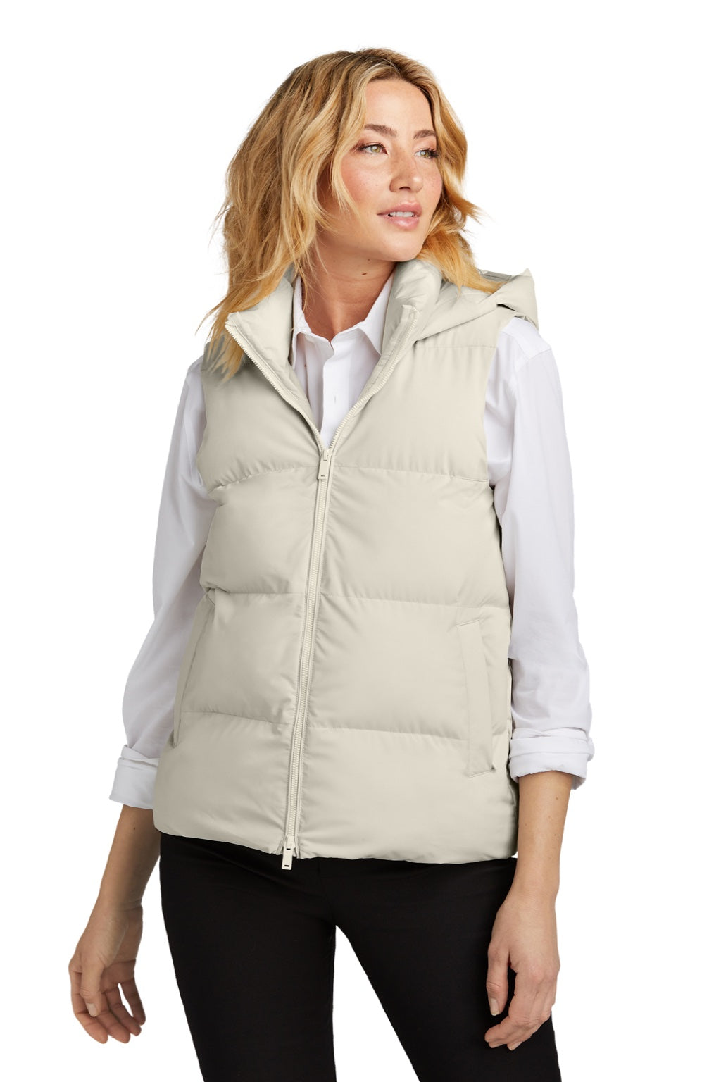 Mercer+Mettle MM7217 Womens Water Resistant Full Zip Hooded Puffy Vest Birch Model Front