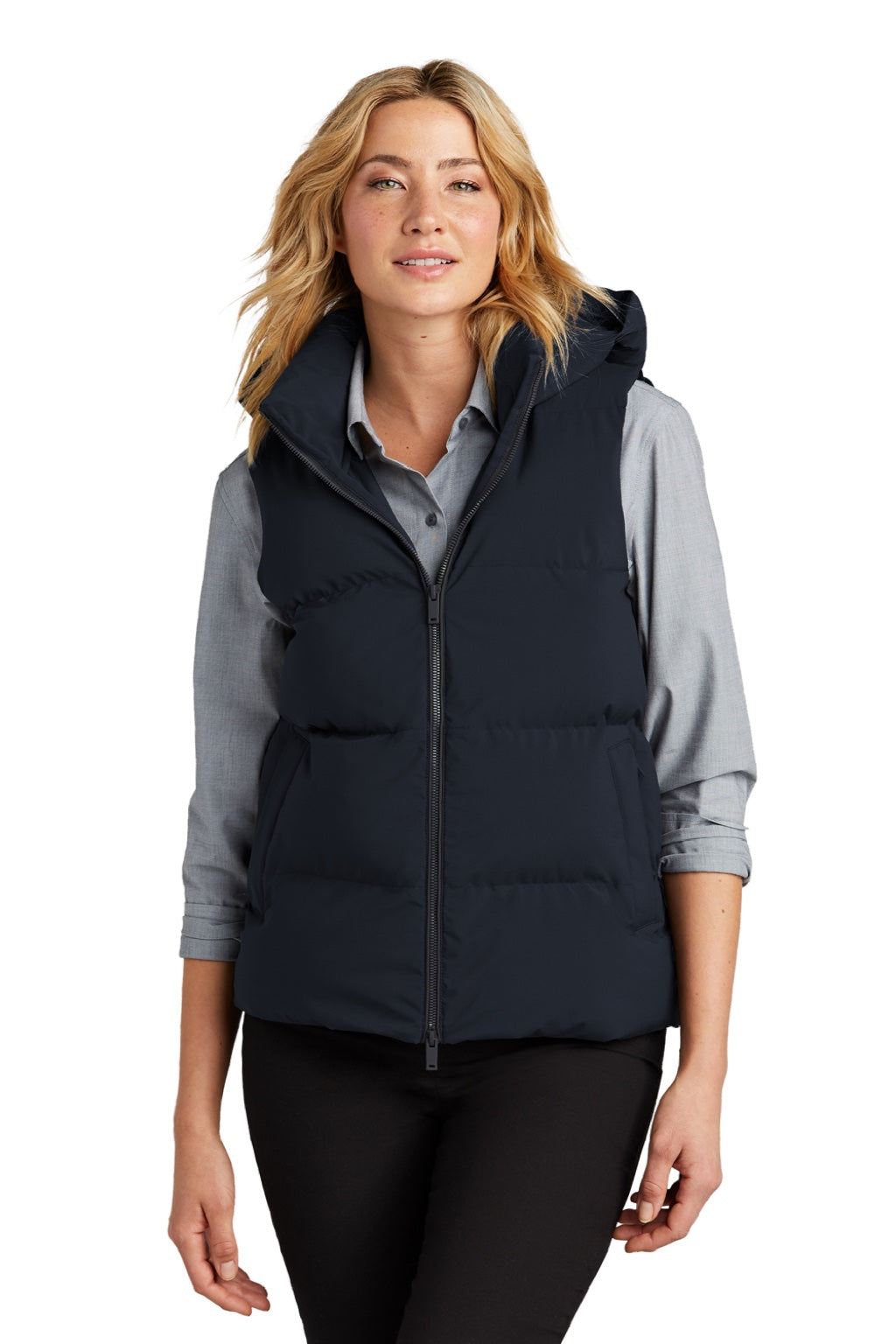 Mercer+Mettle MM7217 Womens Water Resistant Full Zip Hooded Puffy Vest Night Navy Blue Model Front
