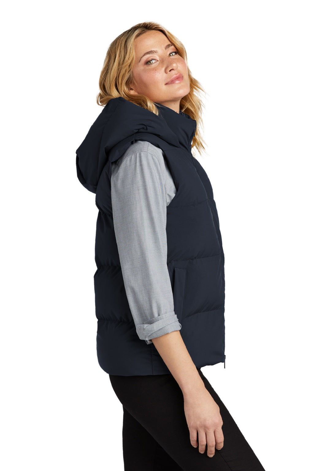 Mercer+Mettle MM7217 Womens Water Resistant Full Zip Hooded Puffy Vest Night Navy Blue Model Side