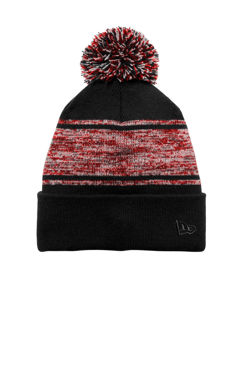 New Era Hats NE909 Unisex Knit Pom Beanie Black/Scarlet Red Flat Front