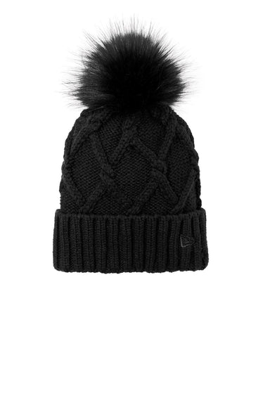 New Era Hats NE911 Unisex Faux Fur Pom Beanie Black Flat Front