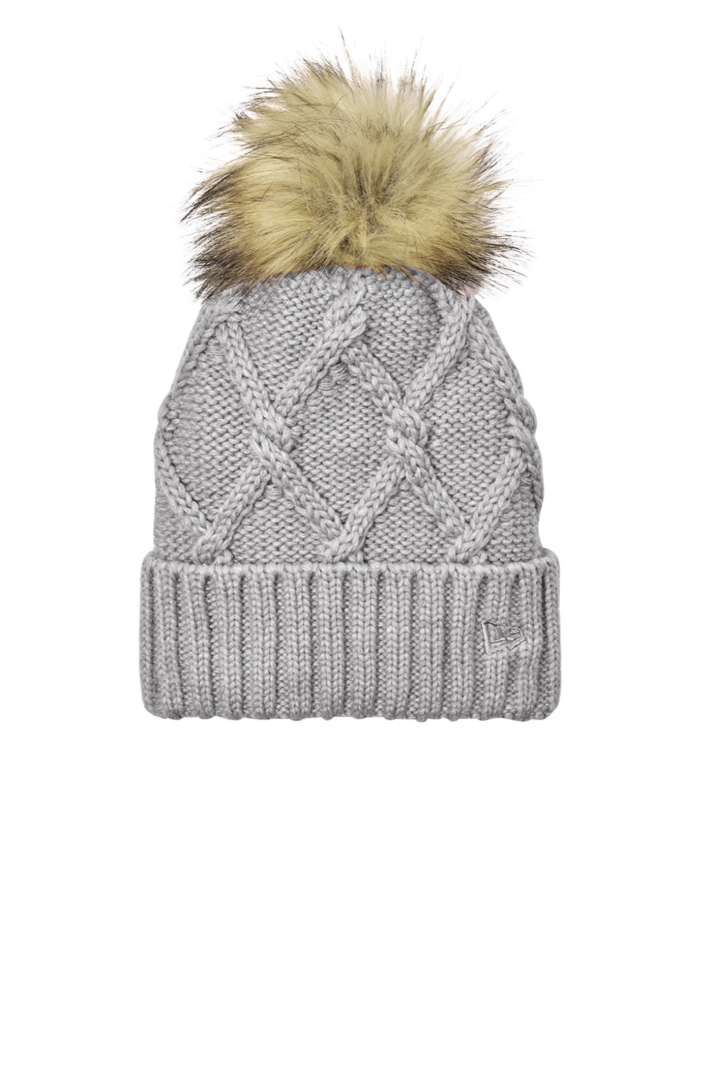 New Era Hats NE911 Unisex Faux Fur Pom Beanie Heather Grey Flat Front