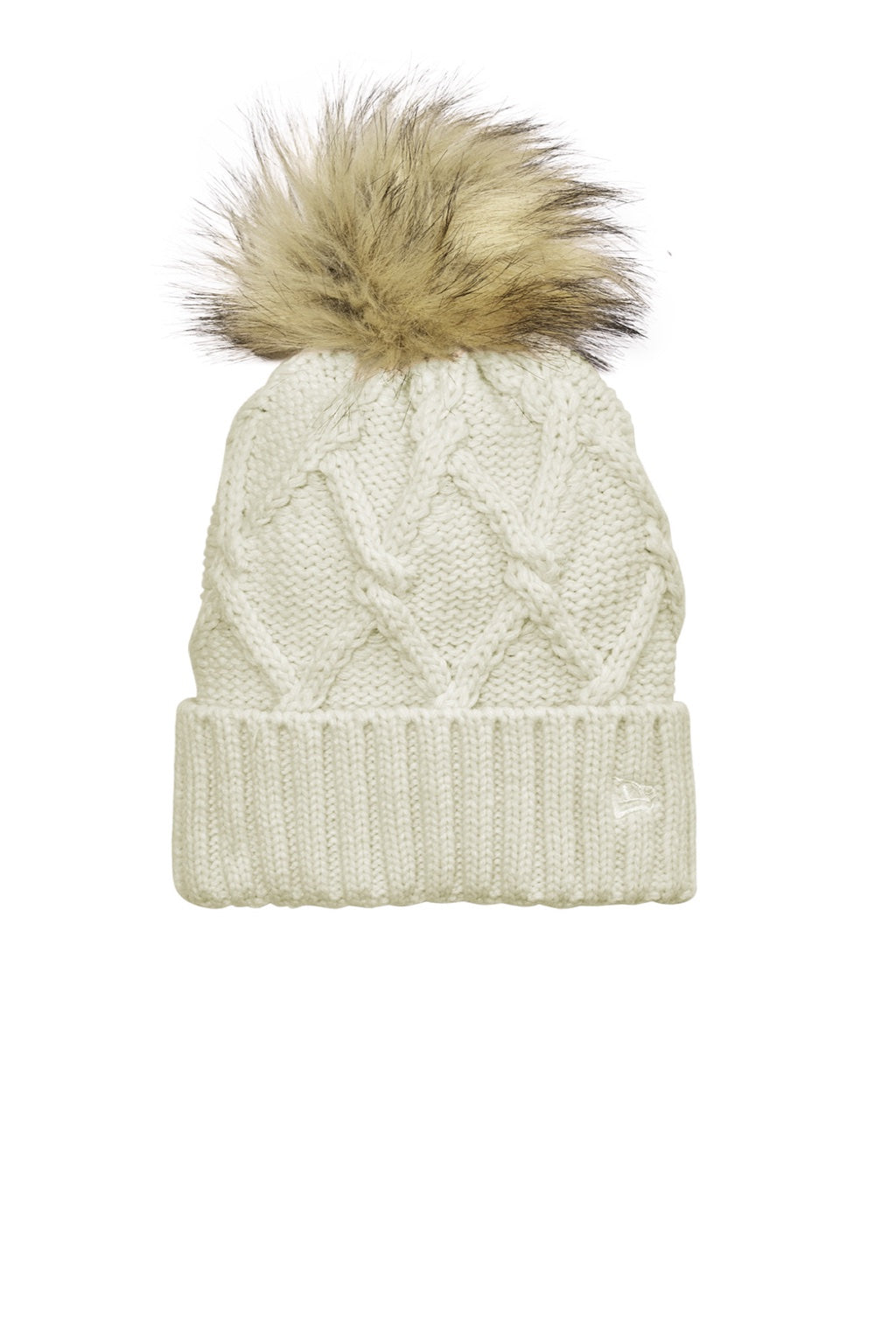 New Era Hats NE911 Unisex Faux Fur Pom Beanie Ivory Flat Front