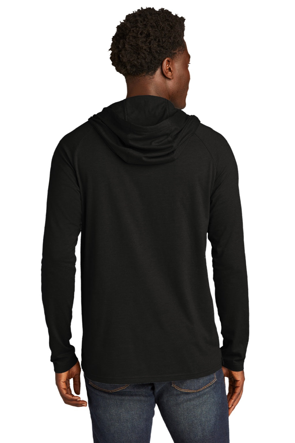 New Era NEA137 Mens Moisture Wicking Long Sleeve Hooded T-Shirt w/ Pocket Black Model Back
