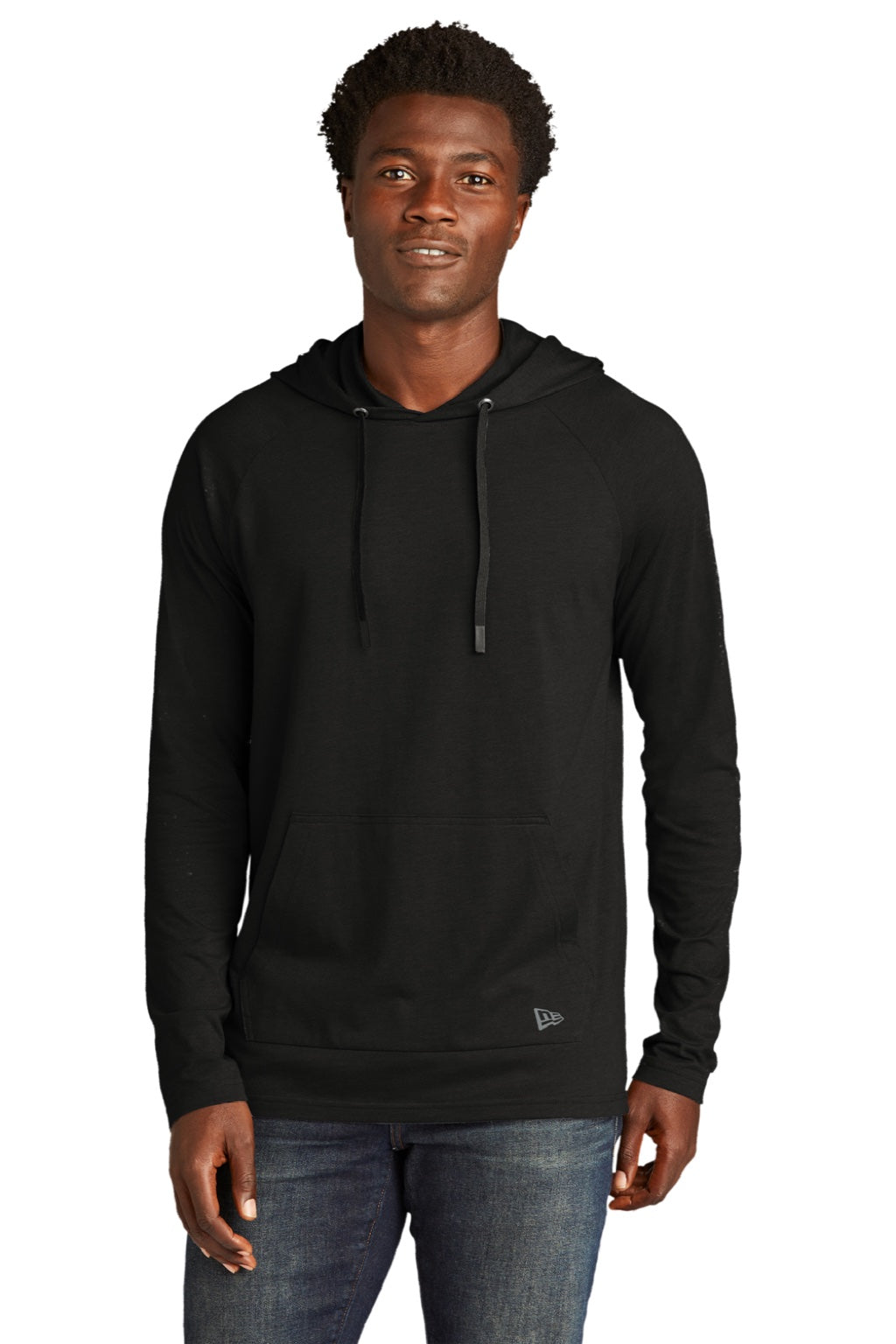 New Era NEA137 Mens Moisture Wicking Long Sleeve Hooded T-Shirt w/ Pocket Black Model Front