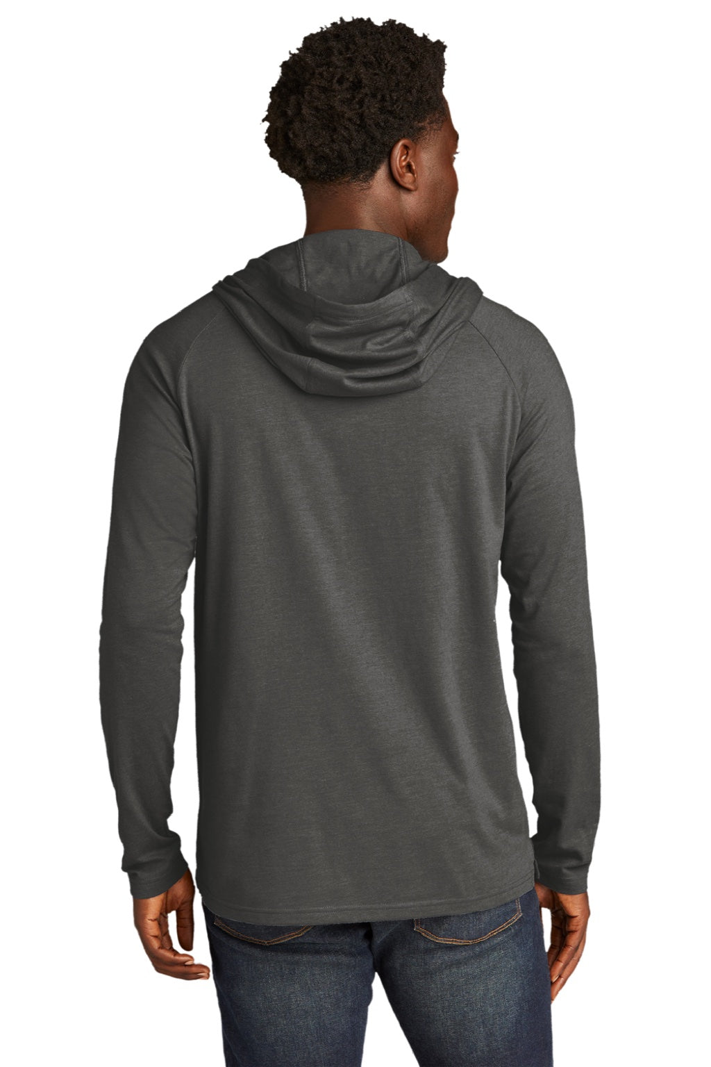 New Era NEA137 Mens Moisture Wicking Long Sleeve Hooded T-Shirt w/ Pocket Graphite Grey Model Back