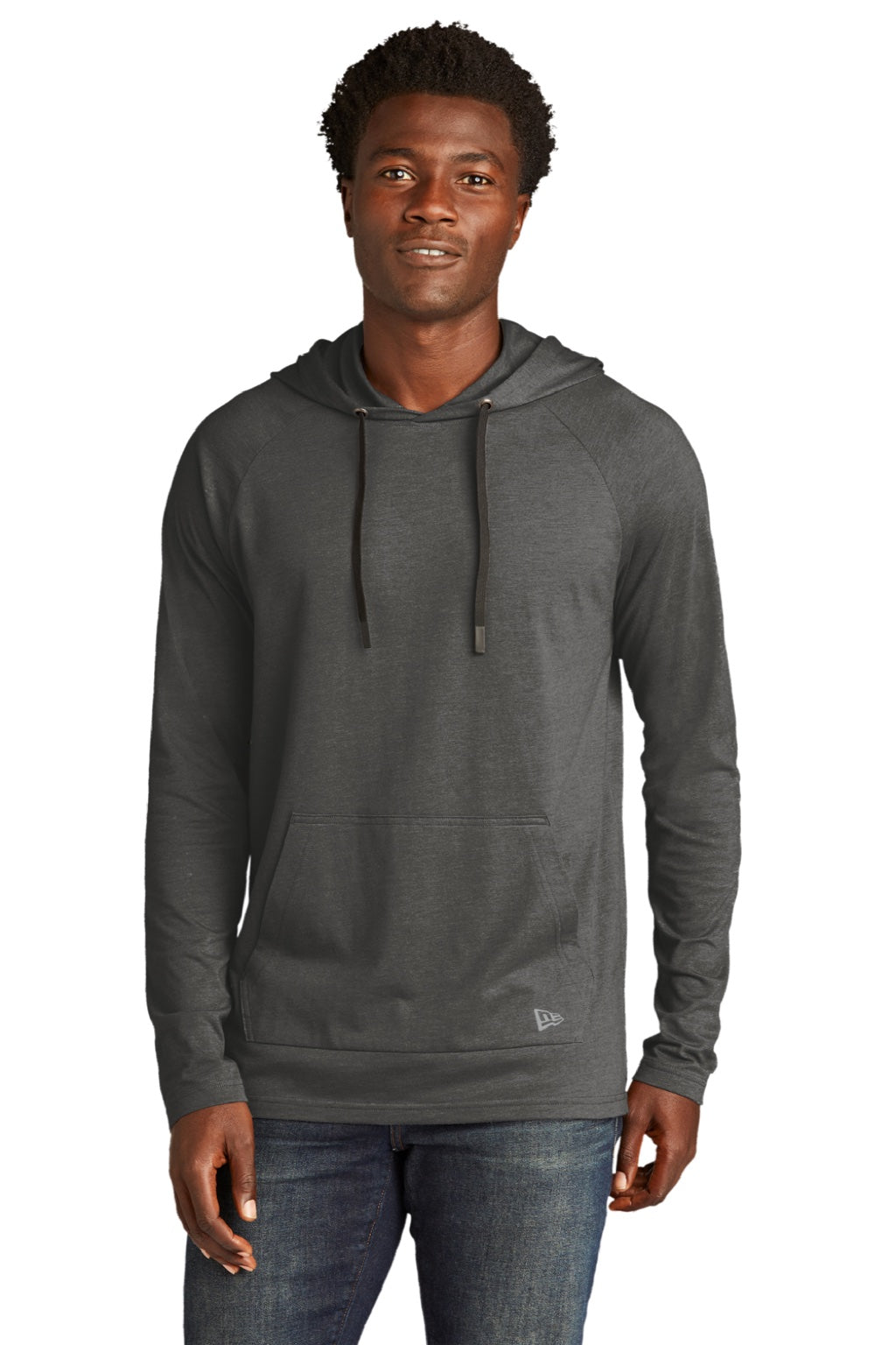 New Era NEA137 Mens Moisture Wicking Long Sleeve Hooded T-Shirt w/ Pocket Graphite Grey Model Front