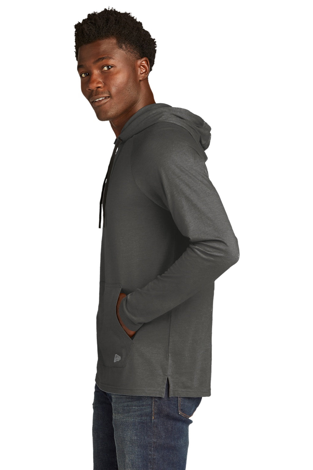 New Era NEA137 Mens Moisture Wicking Long Sleeve Hooded T-Shirt w/ Pocket Graphite Grey Model Side