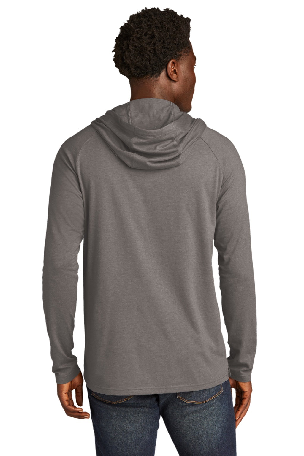 New Era NEA137 Mens Moisture Wicking Long Sleeve Hooded T-Shirt w/ Pocket Shadow Grey Model Back
