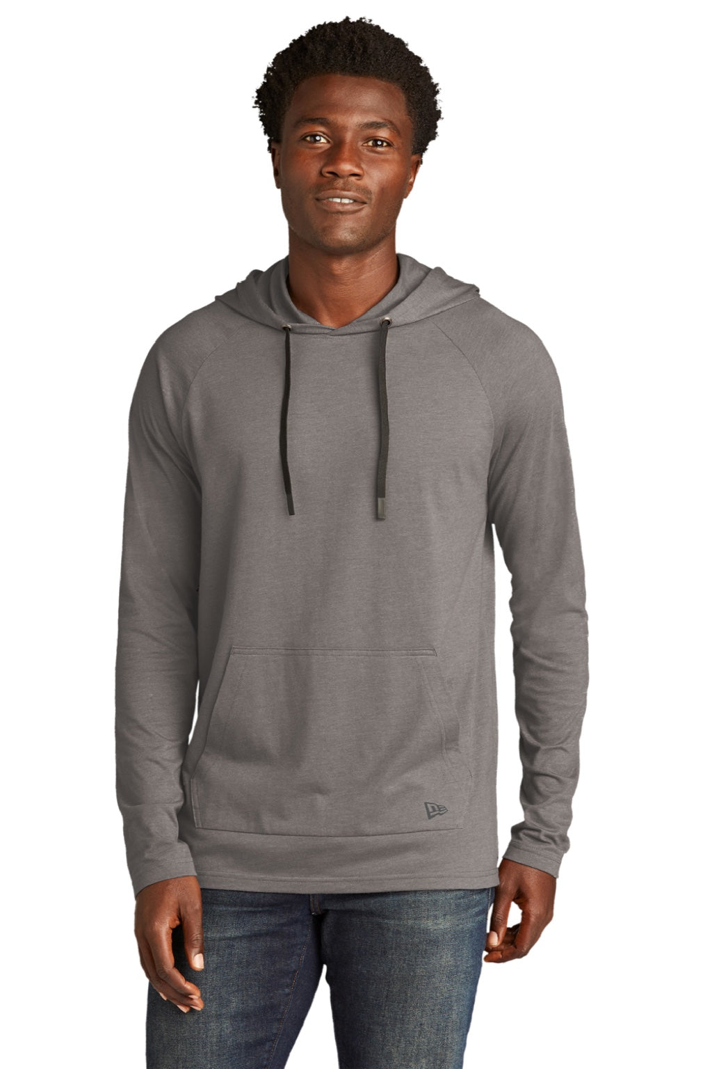New Era NEA137 Mens Moisture Wicking Long Sleeve Hooded T-Shirt w/ Pocket Shadow Grey Model Front