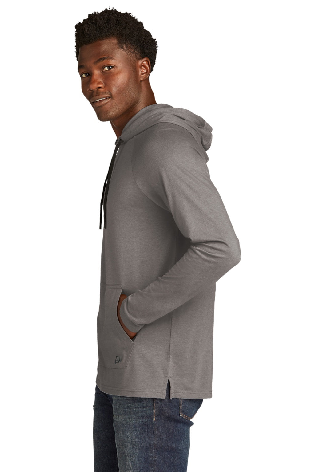 New Era NEA137 Mens Moisture Wicking Long Sleeve Hooded T-Shirt w/ Pocket Shadow Grey Model Side