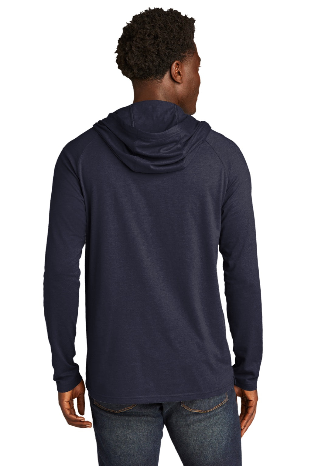 New Era NEA137 Mens Moisture Wicking Long Sleeve Hooded T-Shirt w/ Pocket True Navy Blue Model Back