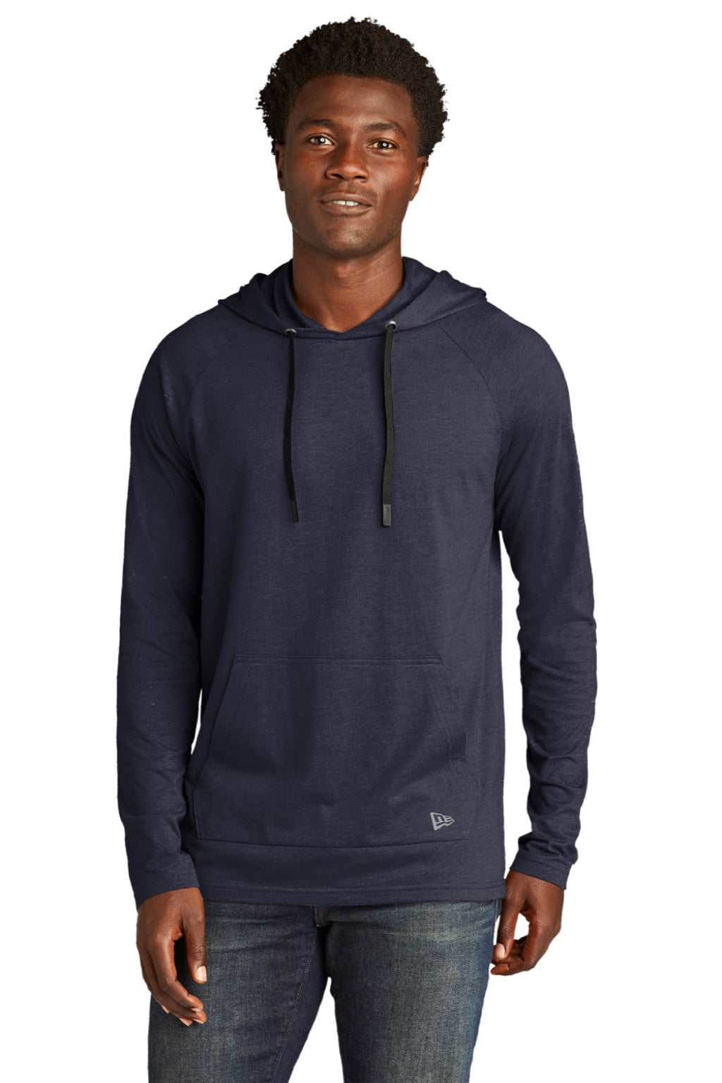 New Era NEA137 Mens Moisture Wicking Long Sleeve Hooded T-Shirt w/ Pocket True Navy Blue Model Front