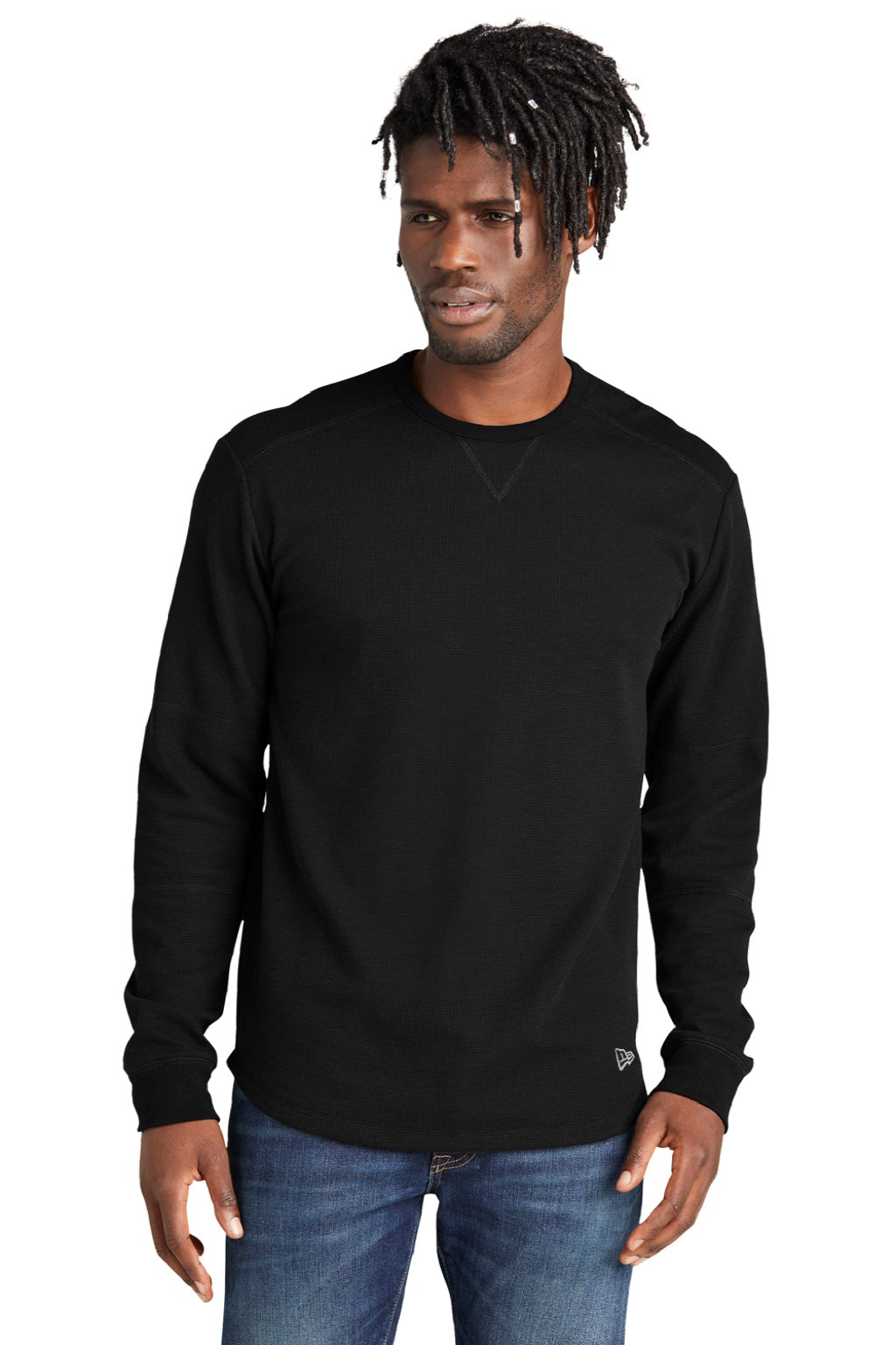 New Era NEA140 Mens Thermal Crewneck Sweatshirt Black Model Front