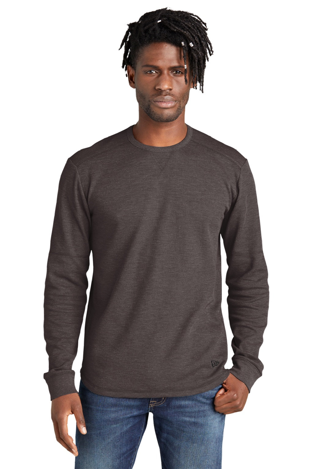 New Era NEA140 Mens Thermal Crewneck Sweatshirt Heather Black Model Front