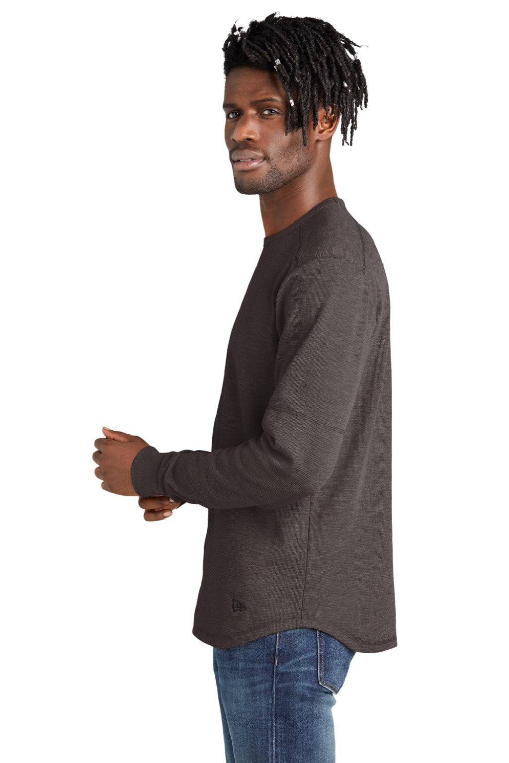 New Era NEA140 Mens Thermal Crewneck Sweatshirt Heather Black Model Side