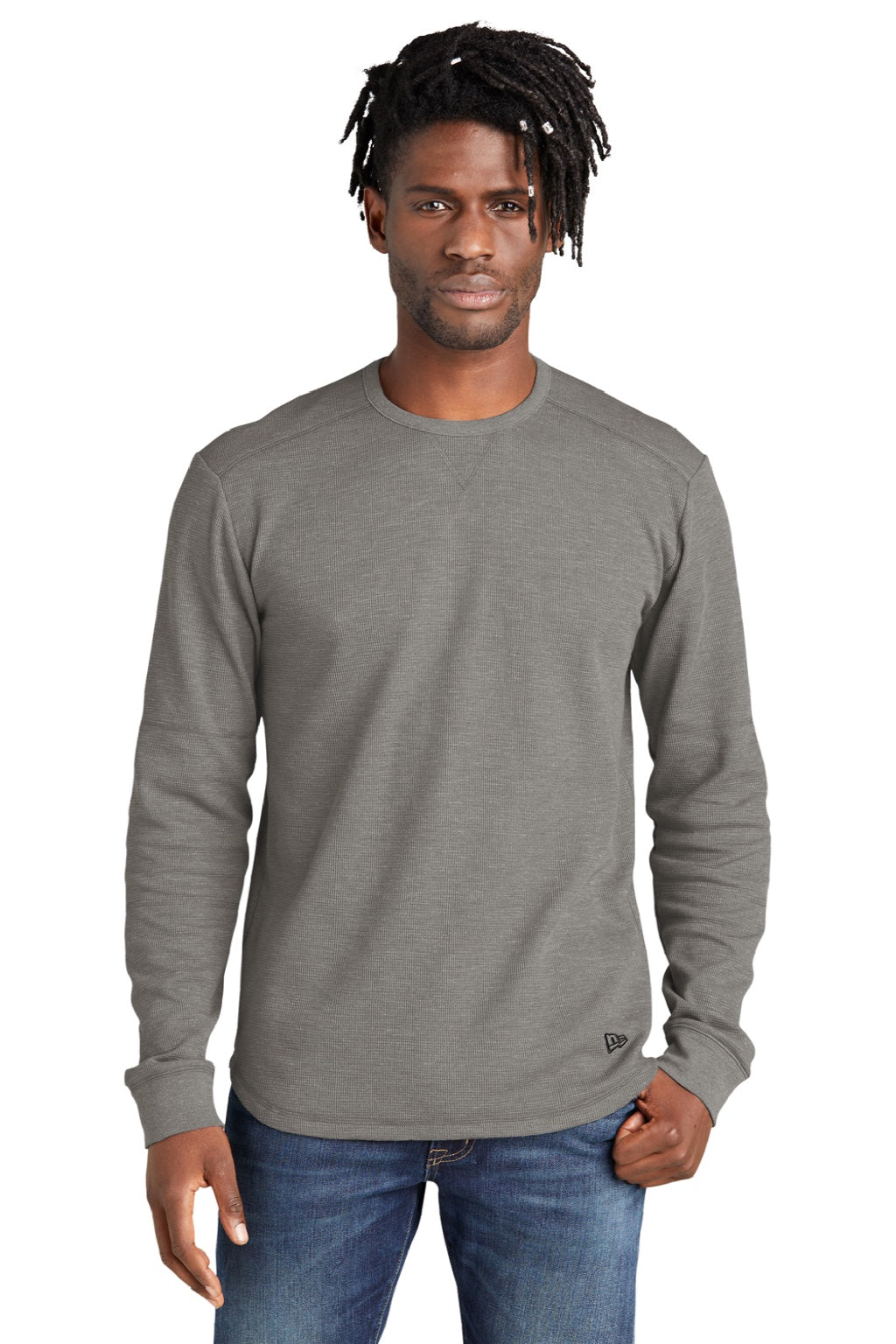 New Era NEA140 Mens Thermal Crewneck Sweatshirt Heather Shadow Grey Model Front