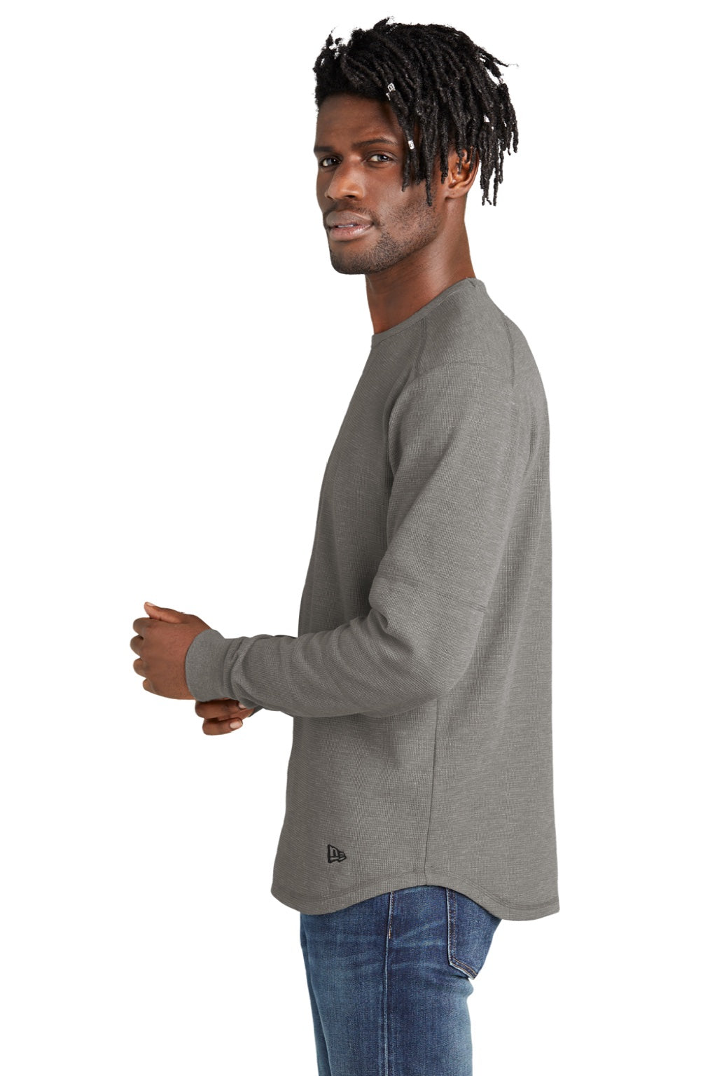New Era NEA140 Mens Thermal Crewneck Sweatshirt Heather Shadow Grey Model Side