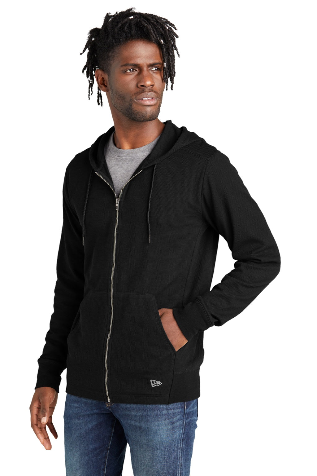 New Era NEA141 Mens Thermal Full Zip Hooded Sweatshirt Hoodie w/ Pockets Black Model 3q