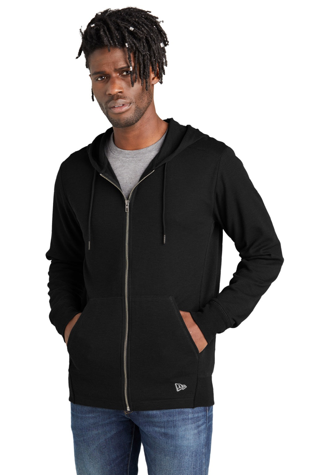 New Era NEA141 Mens Thermal Full Zip Hooded Sweatshirt Hoodie w/ Pockets Black Model Front