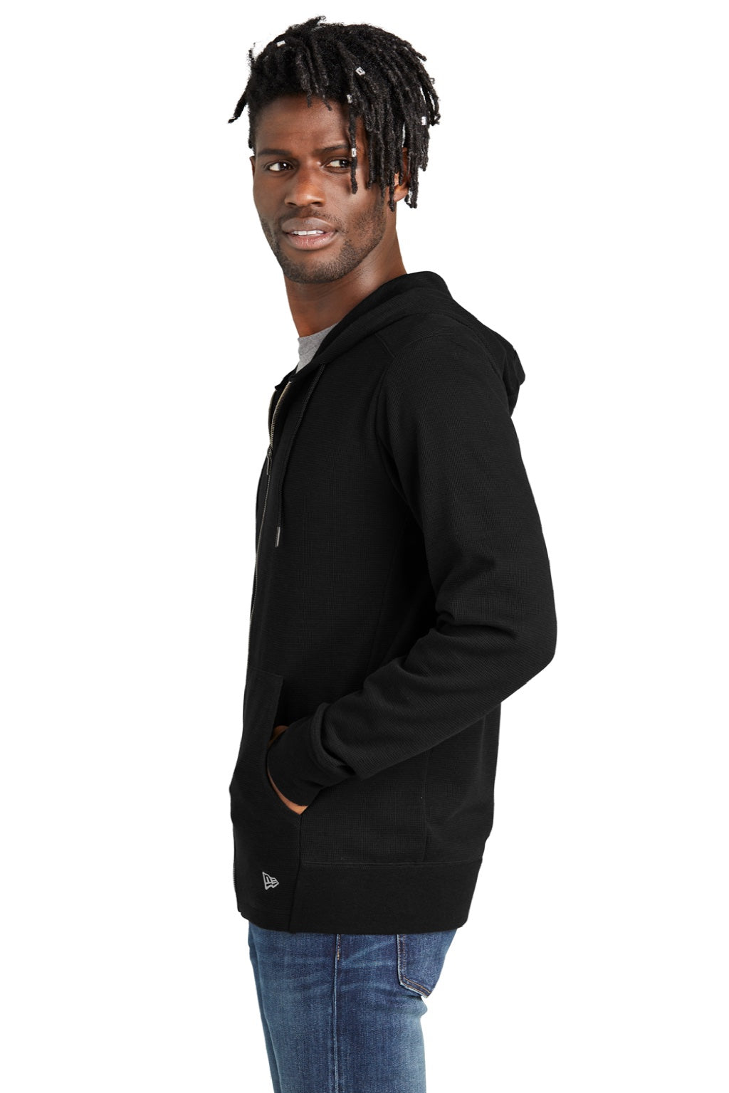 New Era NEA141 Mens Thermal Full Zip Hooded Sweatshirt Hoodie w/ Pockets Black Model Side