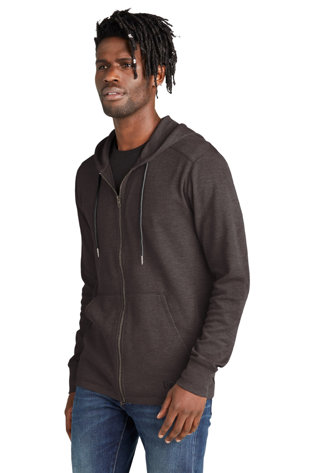 New Era NEA141 Mens Thermal Full Zip Hooded Sweatshirt Hoodie w/ Pockets Heather Black Model 3q