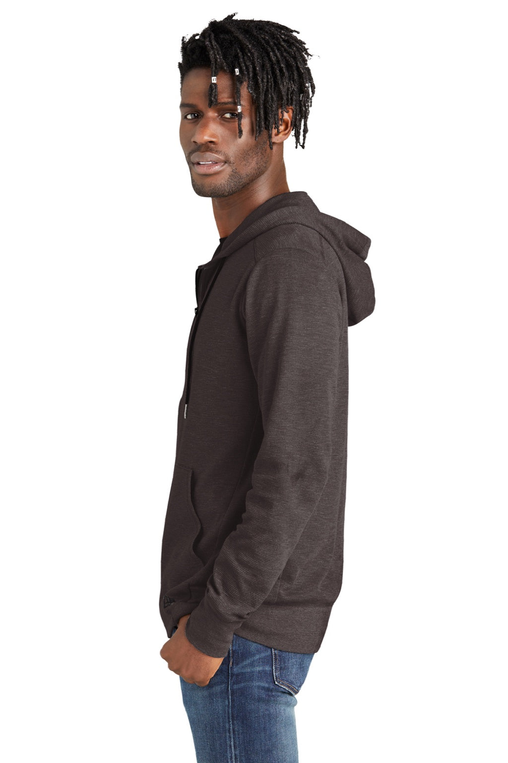 New Era NEA141 Mens Thermal Full Zip Hooded Sweatshirt Hoodie w/ Pockets Heather Black Model Side