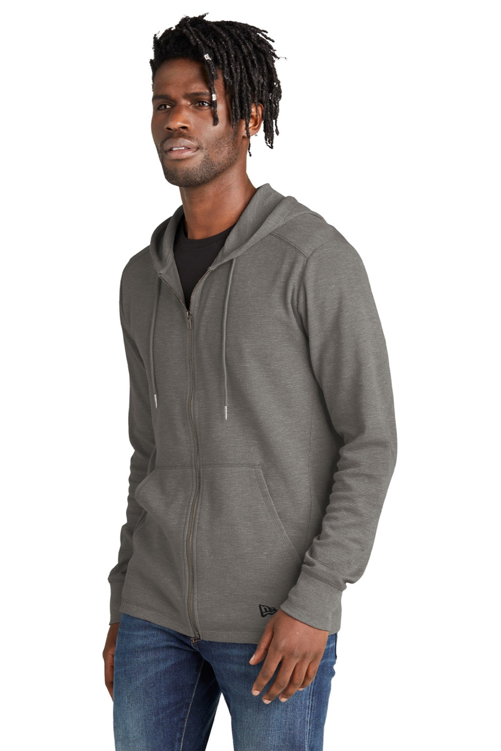 New Era NEA141 Mens Thermal Full Zip Hooded Sweatshirt Hoodie w/ Pockets Heather Shadow Grey Model 3q