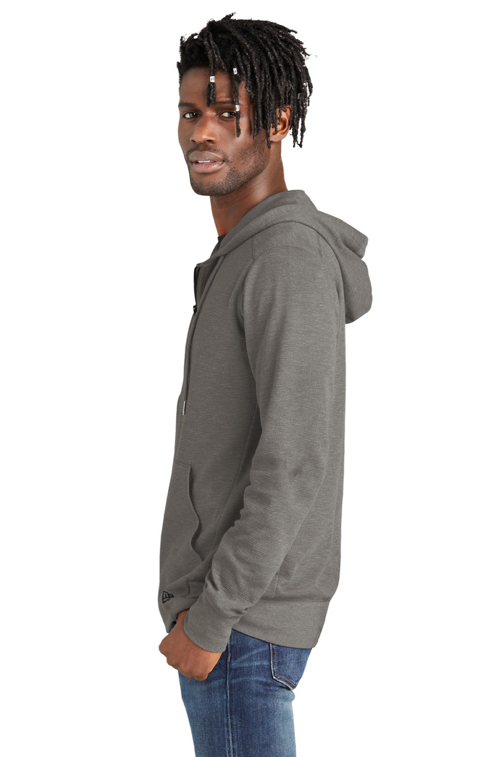 New Era NEA141 Mens Thermal Full Zip Hooded Sweatshirt Hoodie w/ Pockets Heather Shadow Grey Model Side