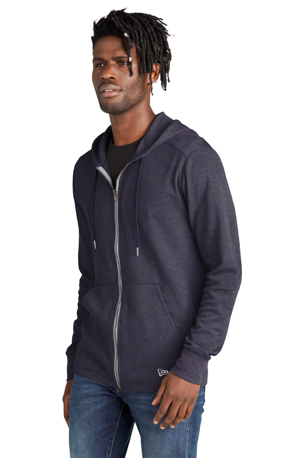 New Era NEA141 Mens Thermal Full Zip Hooded Sweatshirt Hoodie w/ Pockets Heather True Navy Blue Model 3q