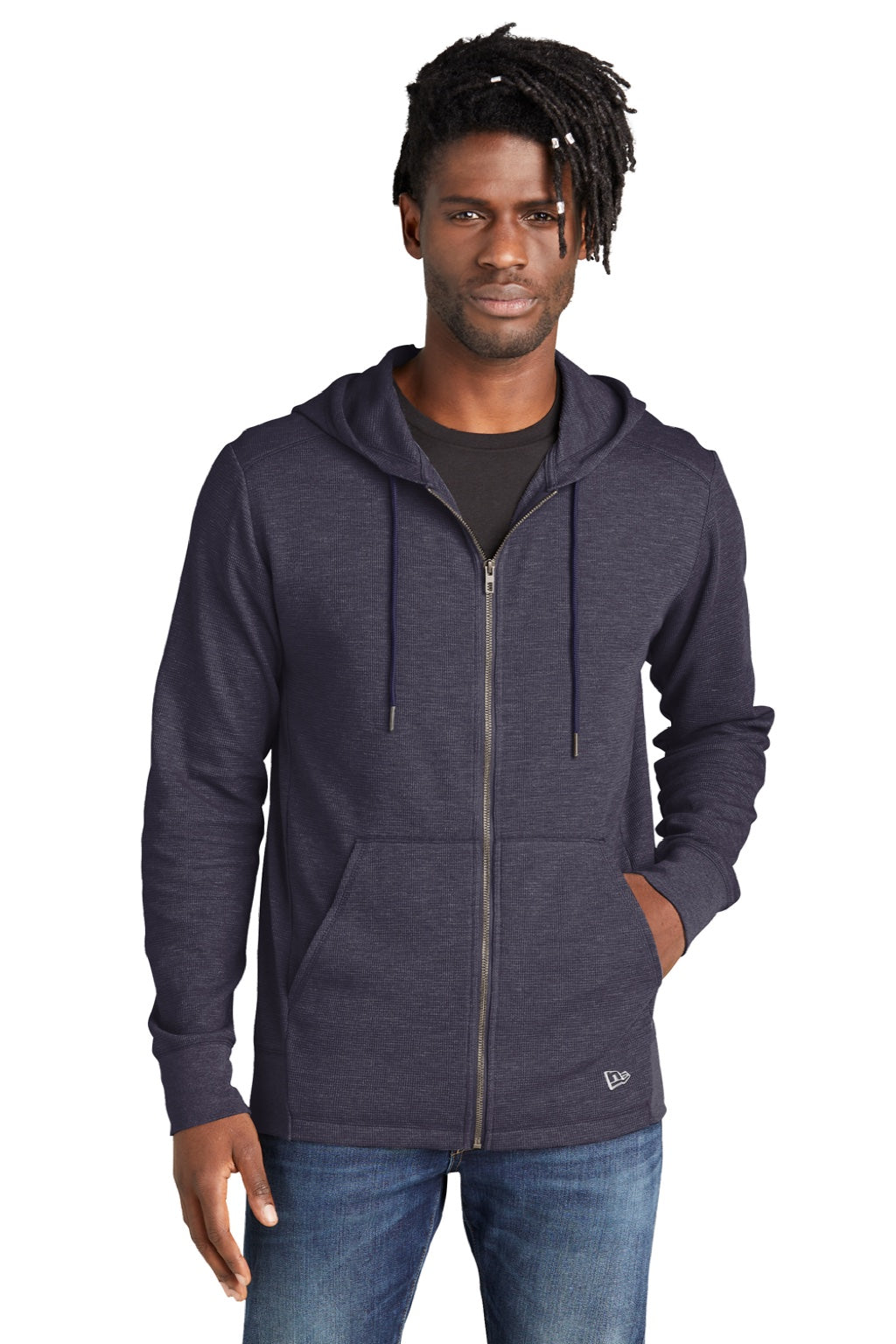 New Era NEA141 Mens Thermal Full Zip Hooded Sweatshirt Hoodie w/ Pockets Heather True Navy Blue Model Front