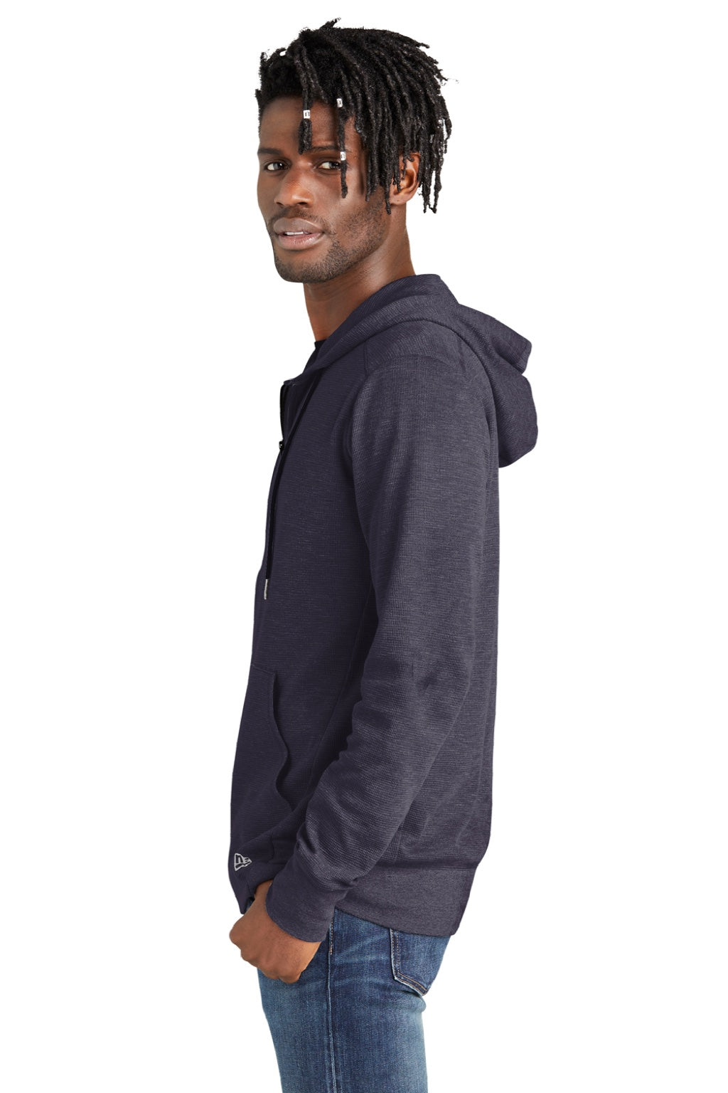 New Era NEA141 Mens Thermal Full Zip Hooded Sweatshirt Hoodie w/ Pockets Heather True Navy Blue Model Side