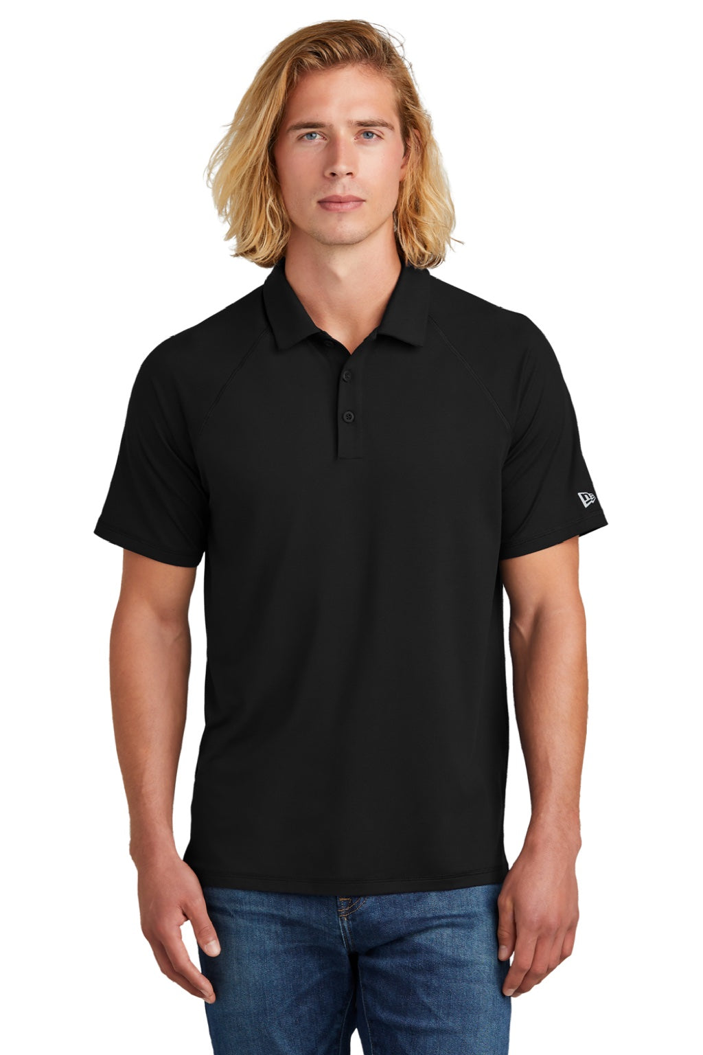 New Era NEA225 Mens Power Moisture Wicking Short Sleeve Polo Shirt Black Model Front