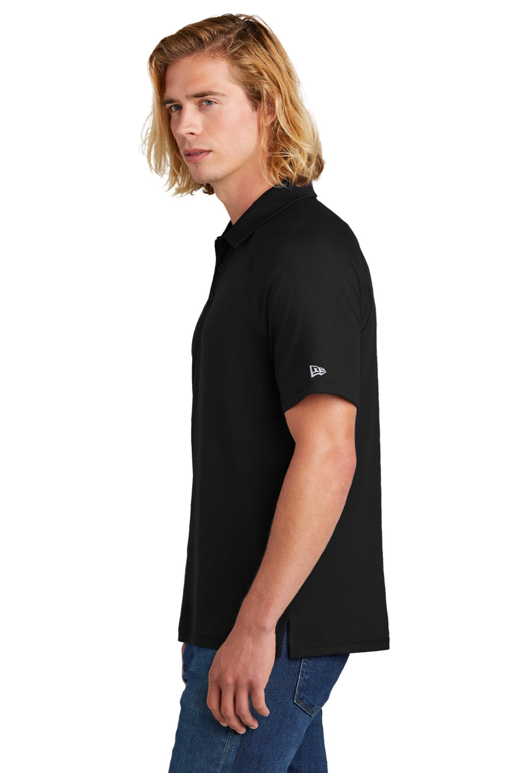 New Era NEA225 Mens Power Moisture Wicking Short Sleeve Polo Shirt Black Model Side