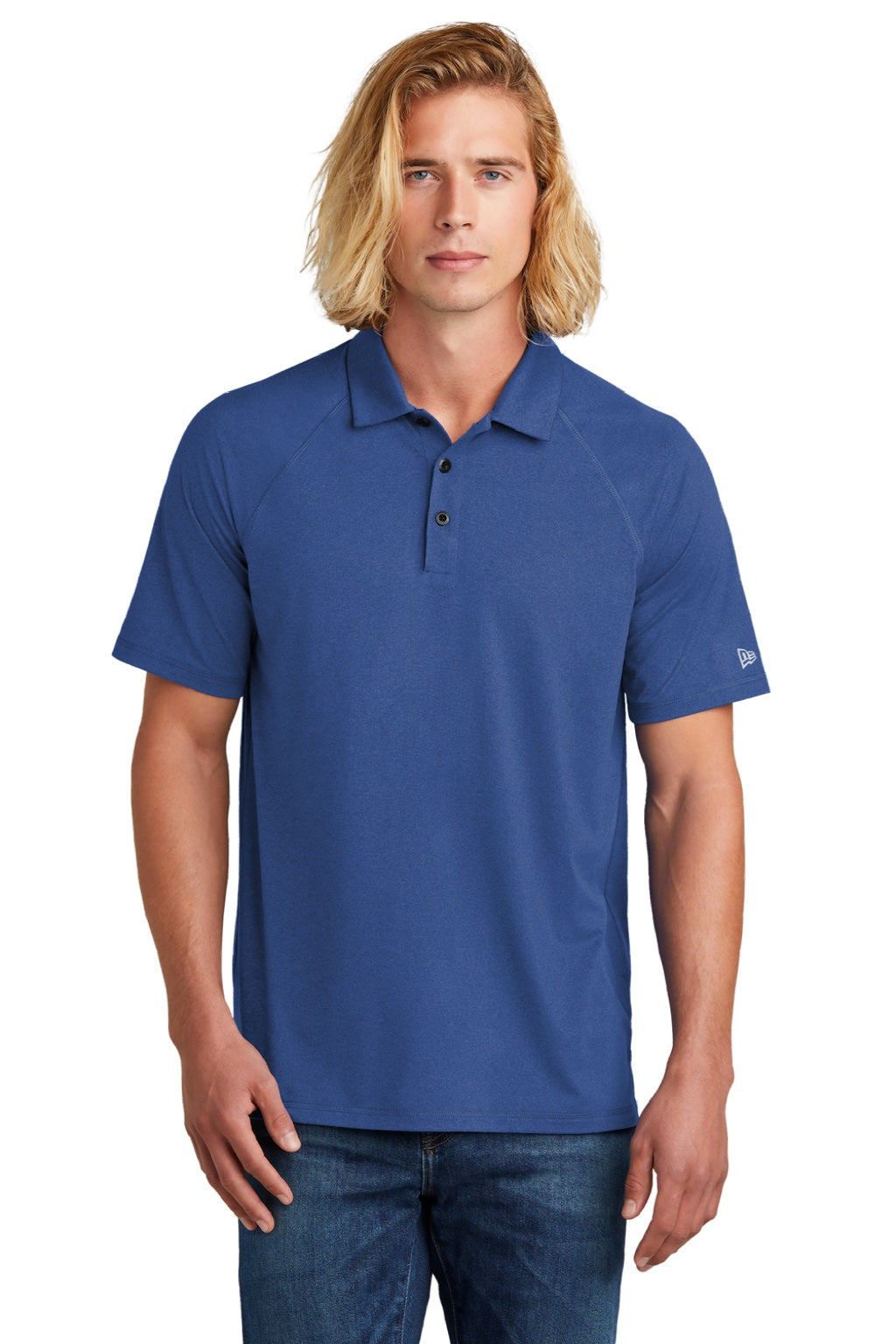 New Era NEA225 Mens Power Moisture Wicking Short Sleeve Polo Shirt Heather Royal Blue Model Front