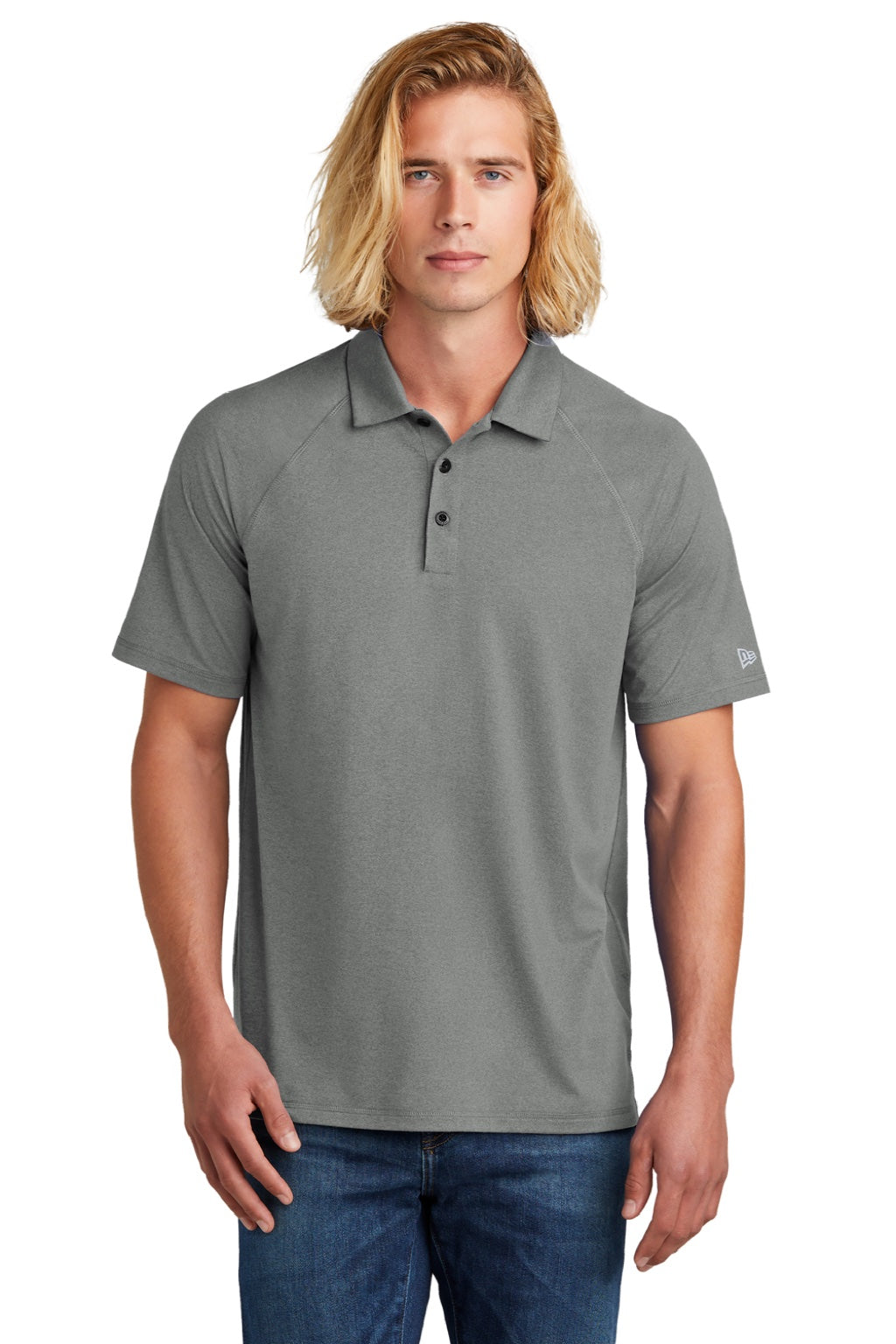 New Era NEA225 Mens Power Moisture Wicking Short Sleeve Polo Shirt Heather Shadow Grey Model Front