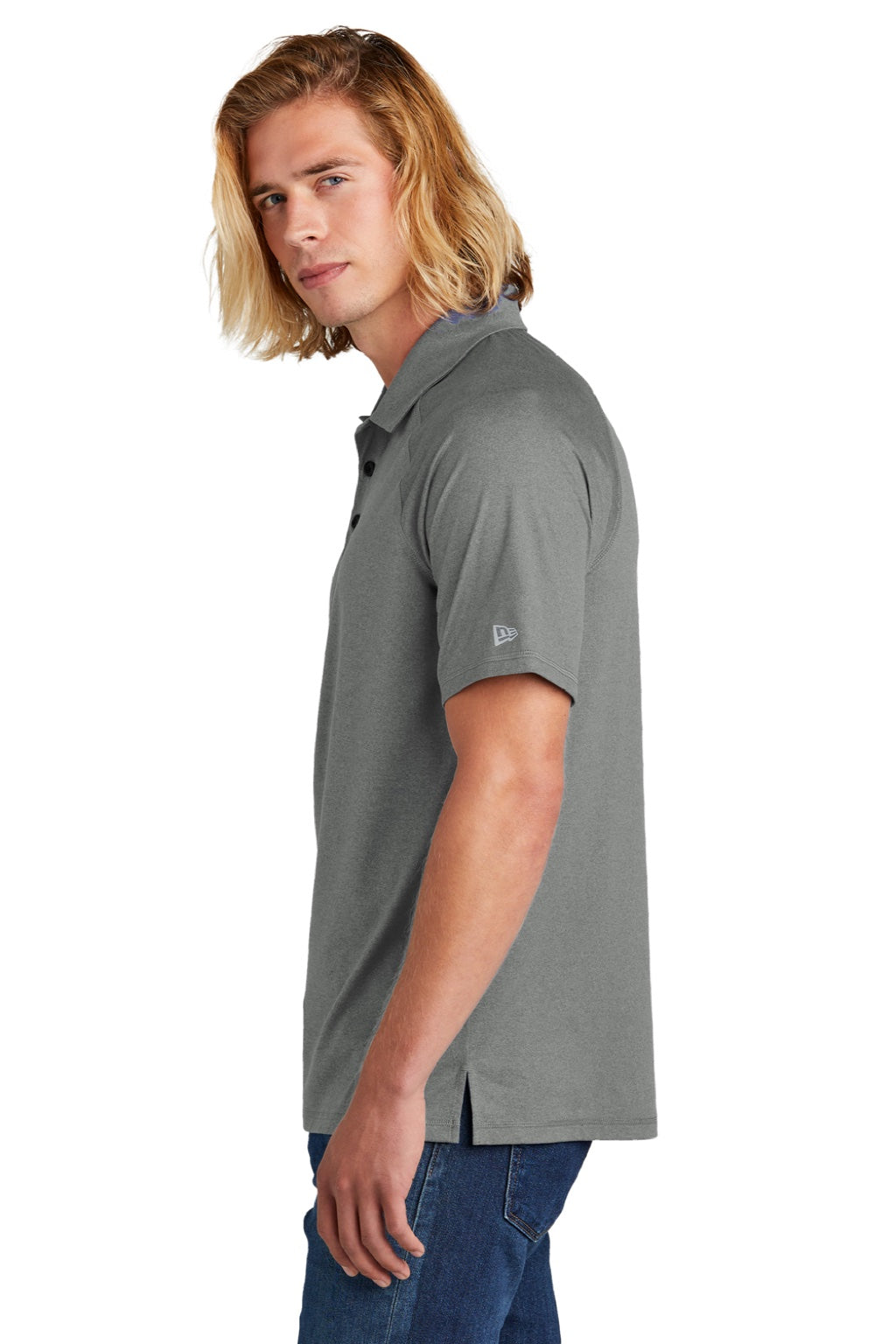 New Era NEA225 Mens Power Moisture Wicking Short Sleeve Polo Shirt Heather Shadow Grey Model Side