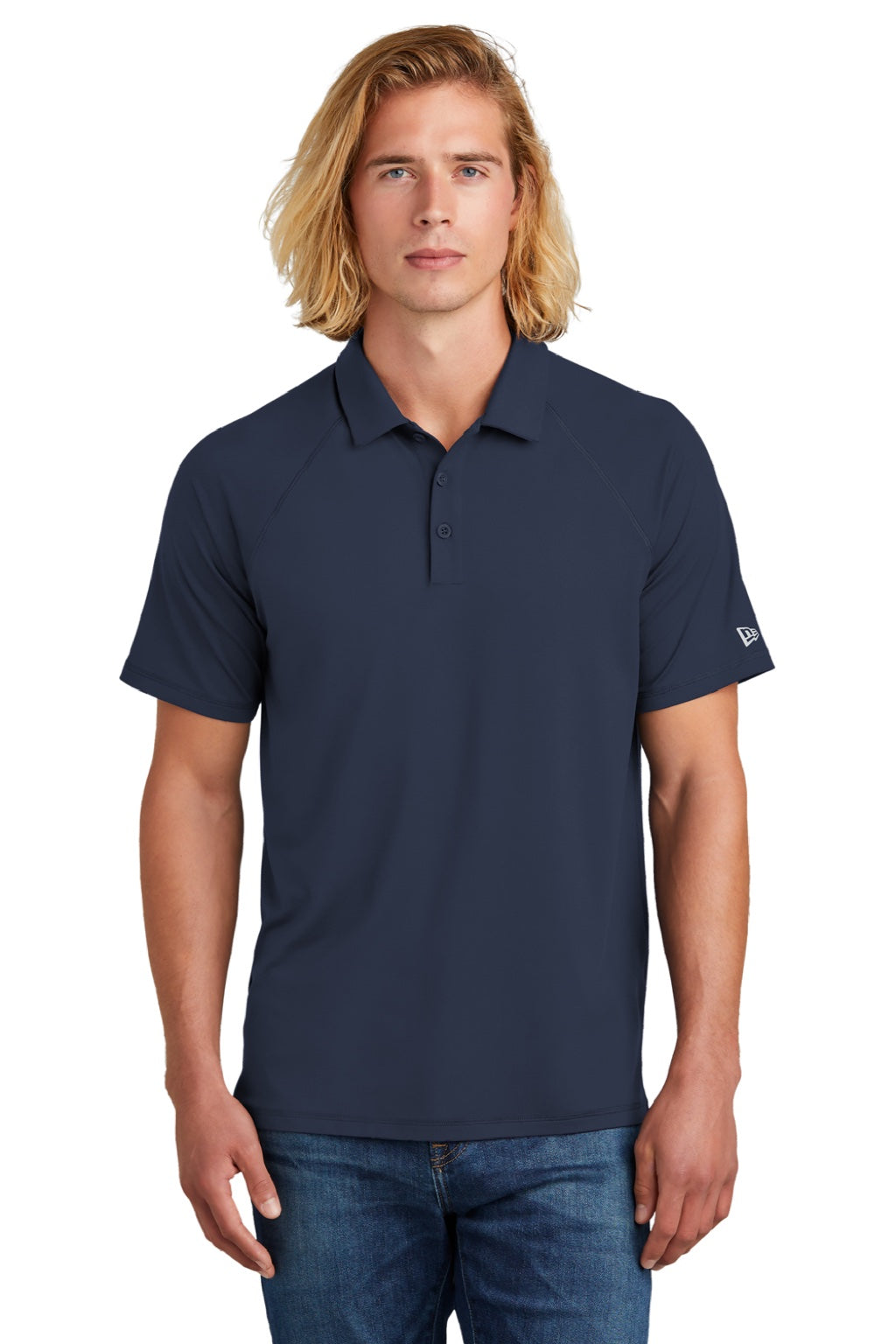 New Era NEA225 Mens Power Moisture Wicking Short Sleeve Polo Shirt True Navy Blue Model Front
