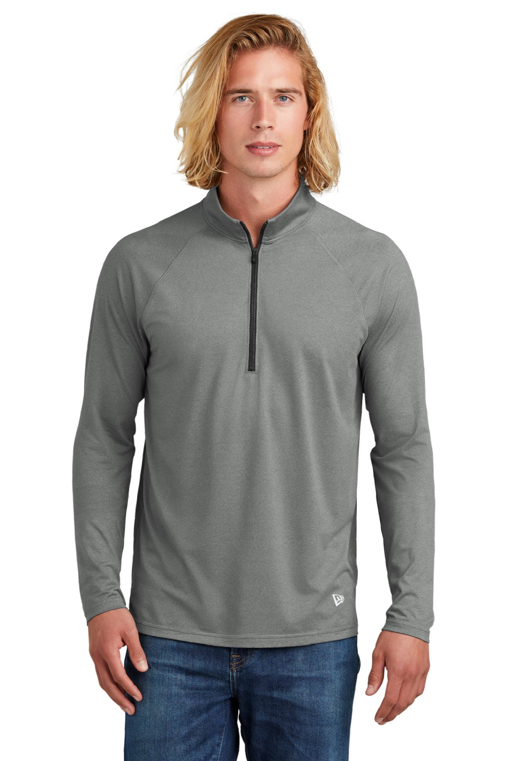 New Era NEA228 Mens Power Moisture Wicking 1/4 Zip Sweatshirt Heather Shadow Grey Model Front
