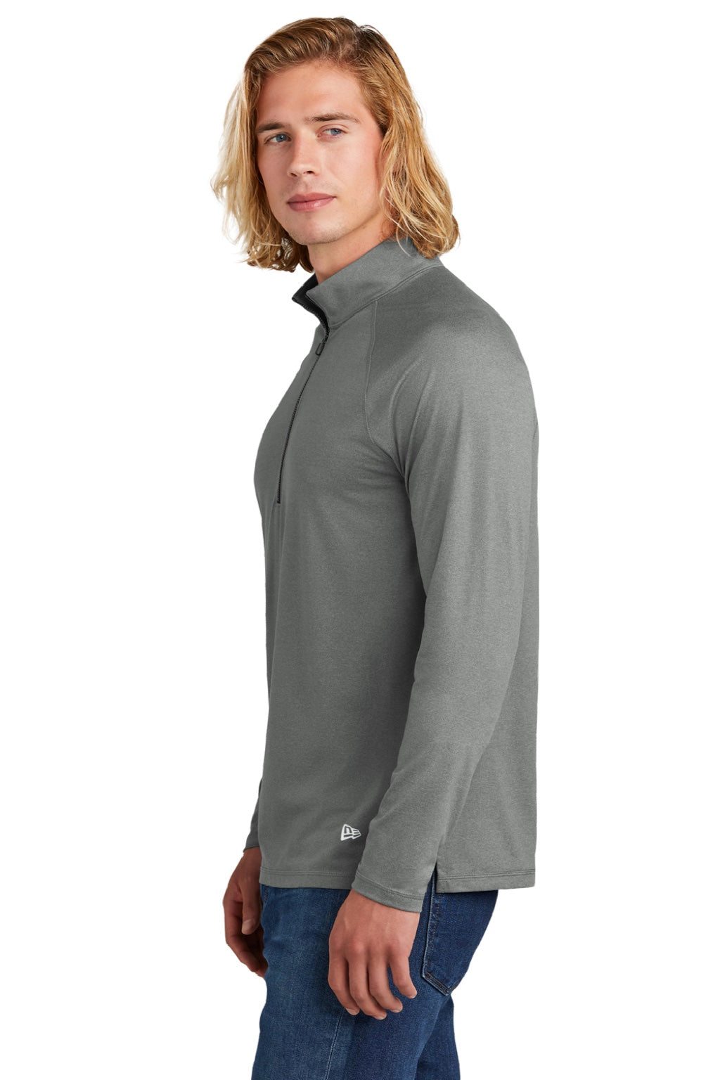 New Era NEA228 Mens Power Moisture Wicking 1/4 Zip Sweatshirt Heather Shadow Grey Model Side