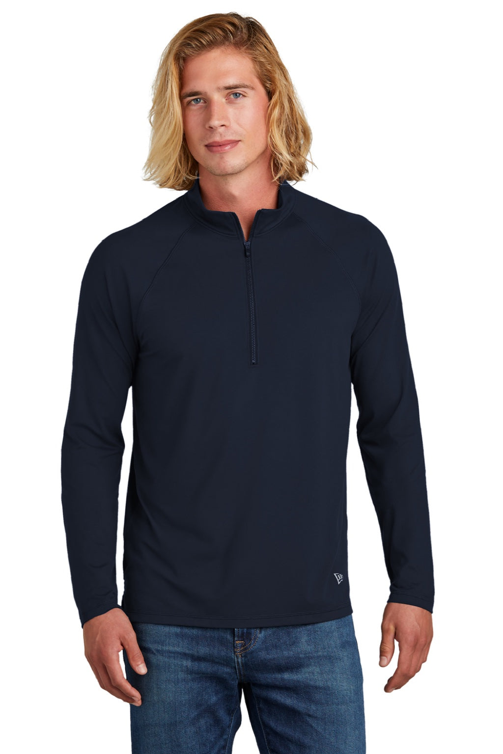 New Era NEA228 Mens Power Moisture Wicking 1/4 Zip Sweatshirt True Navy Blue Model Front