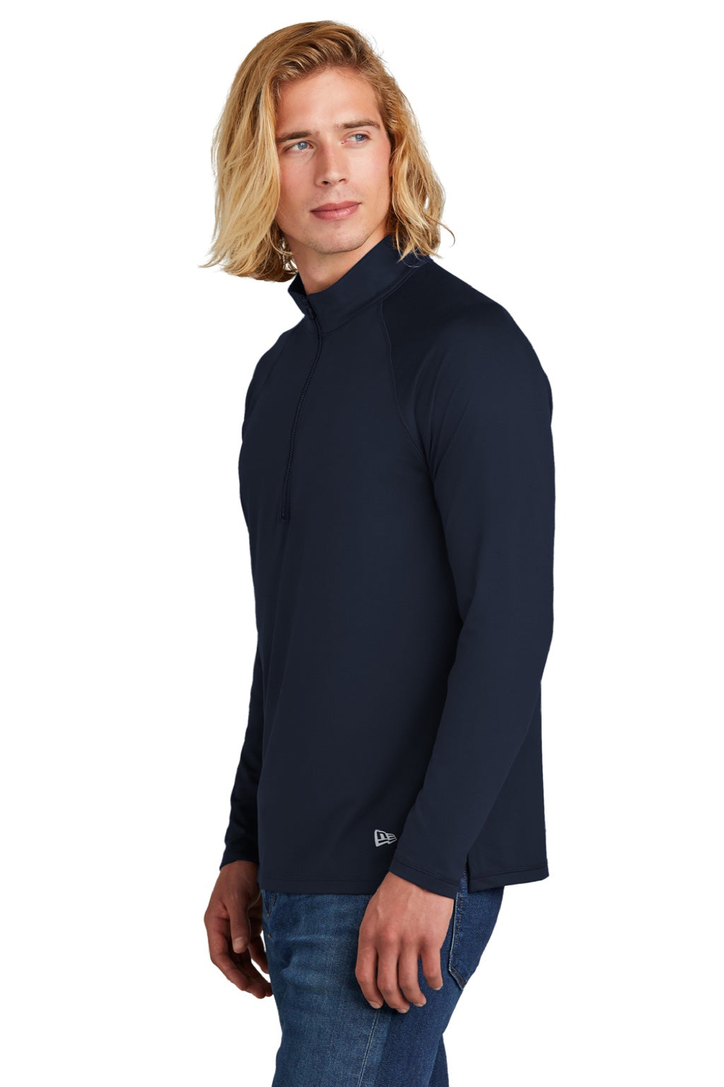 New Era NEA228 Mens Power Moisture Wicking 1/4 Zip Sweatshirt True Navy Blue Model Side